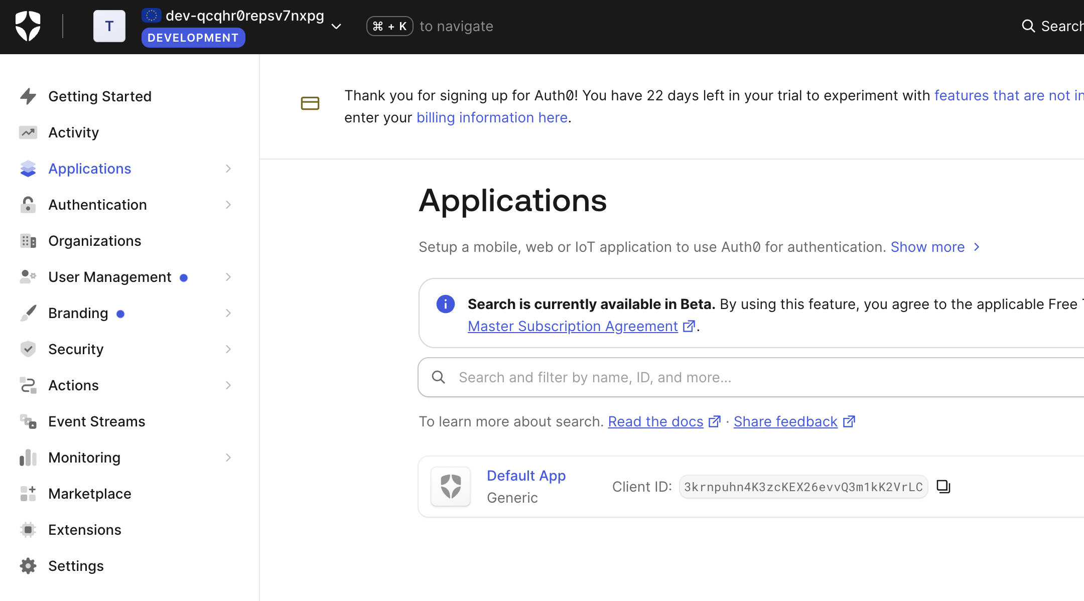 Auth0 default application