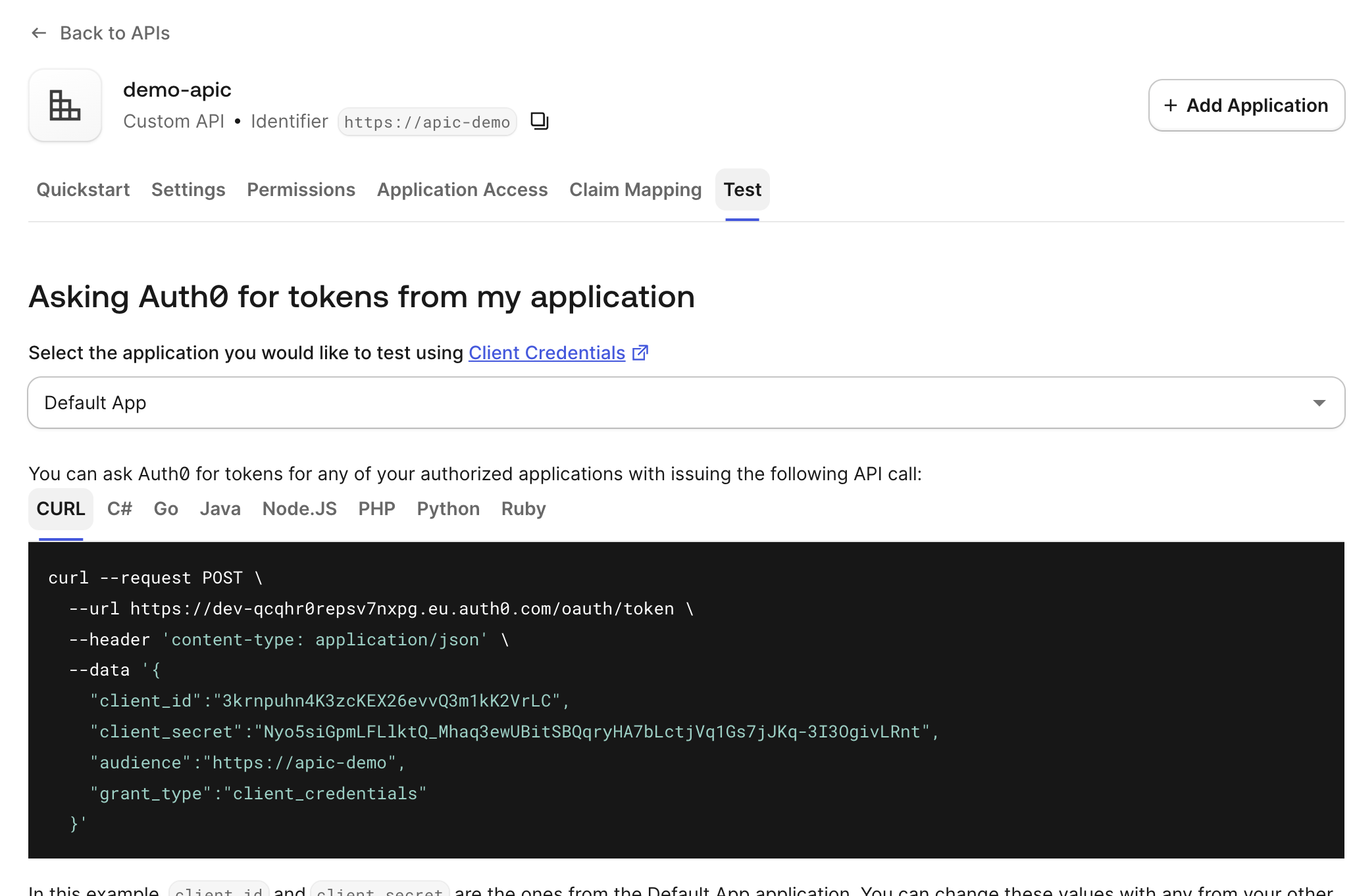 Auth0 API test tab