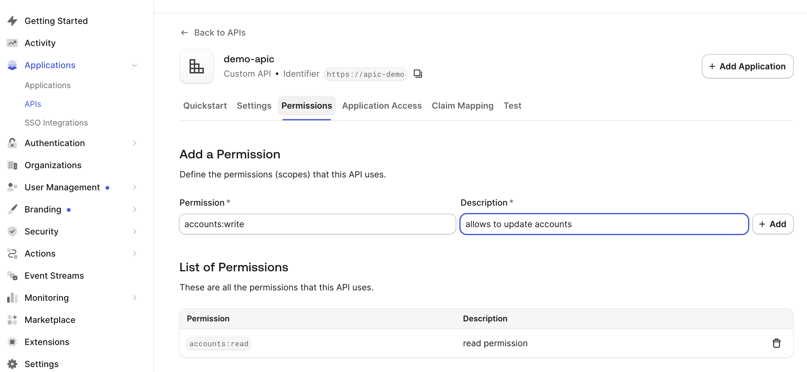 Add permissions to Auth0 API